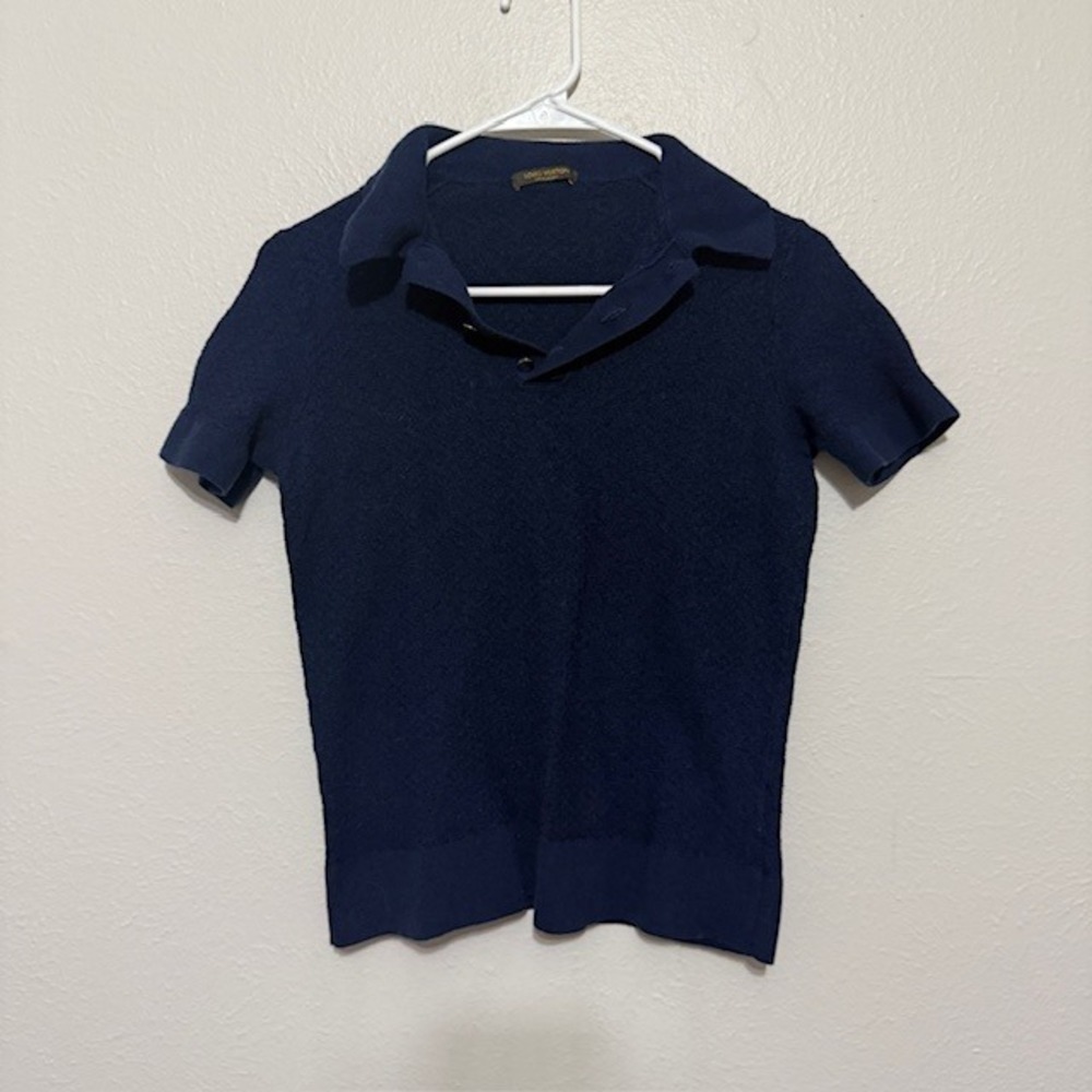 Louis Vuitton Uniformes Navy Blue Merino Wool‎ Cotton Polo Sweater Top Large